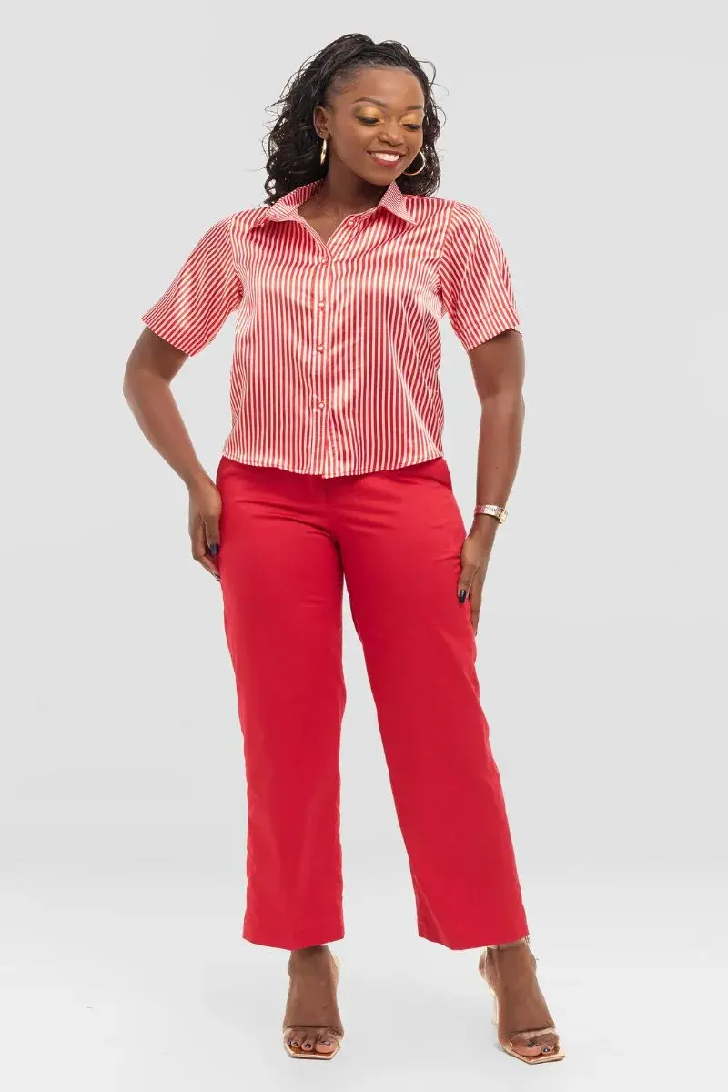 Scarlet Stripe Satin Shirt and Red Trouser Set