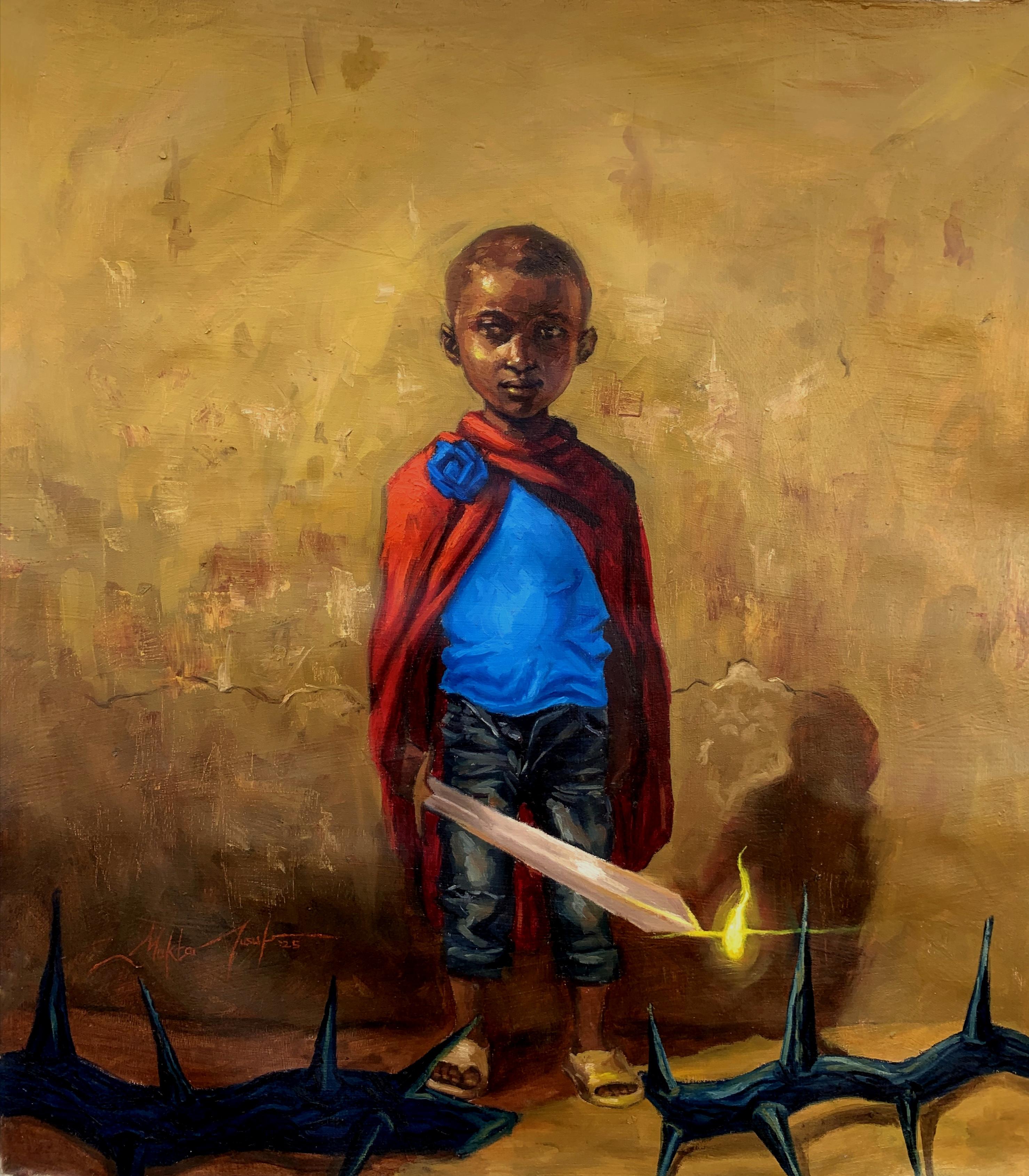Little Knight; Big Dreams – Original Oil Painting on Canvas | African Childhood Inspirational Art by Muktar Yusuf