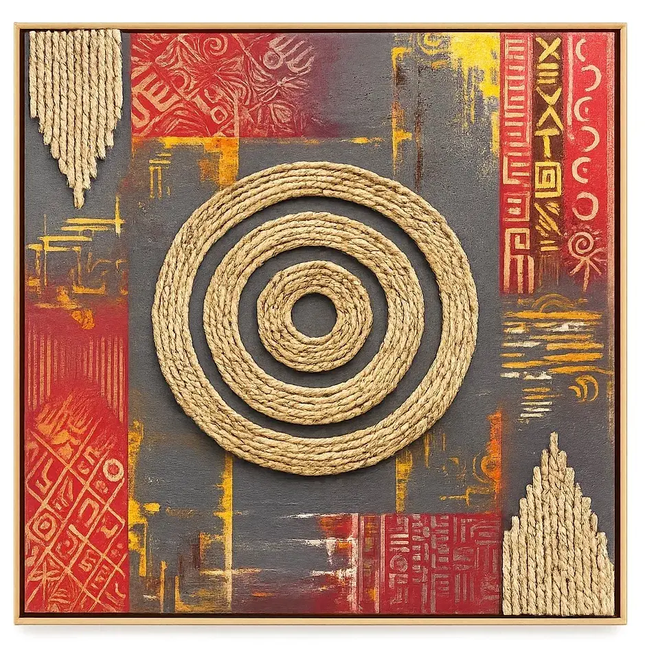 Adinkra Hene | Original Raffia & Acrylic Canvas, 90 x 90cm