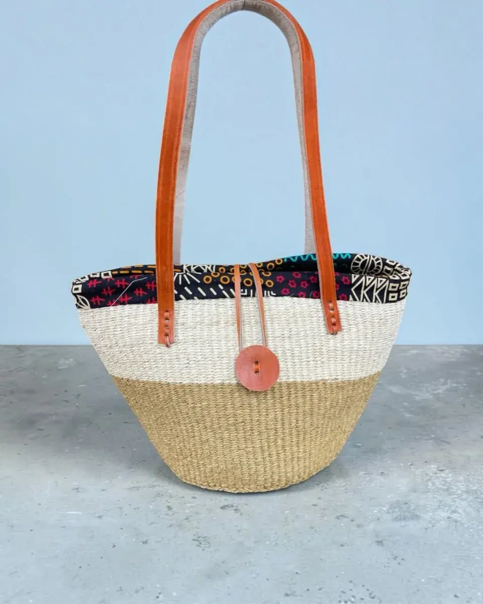 Sisal Kiondo Tote Bag, Cream and Natural, Leather Straps