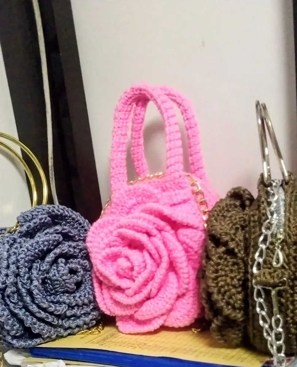 Crochet Rose Handbag, Handmade in Pink, Ash, Brown or Red