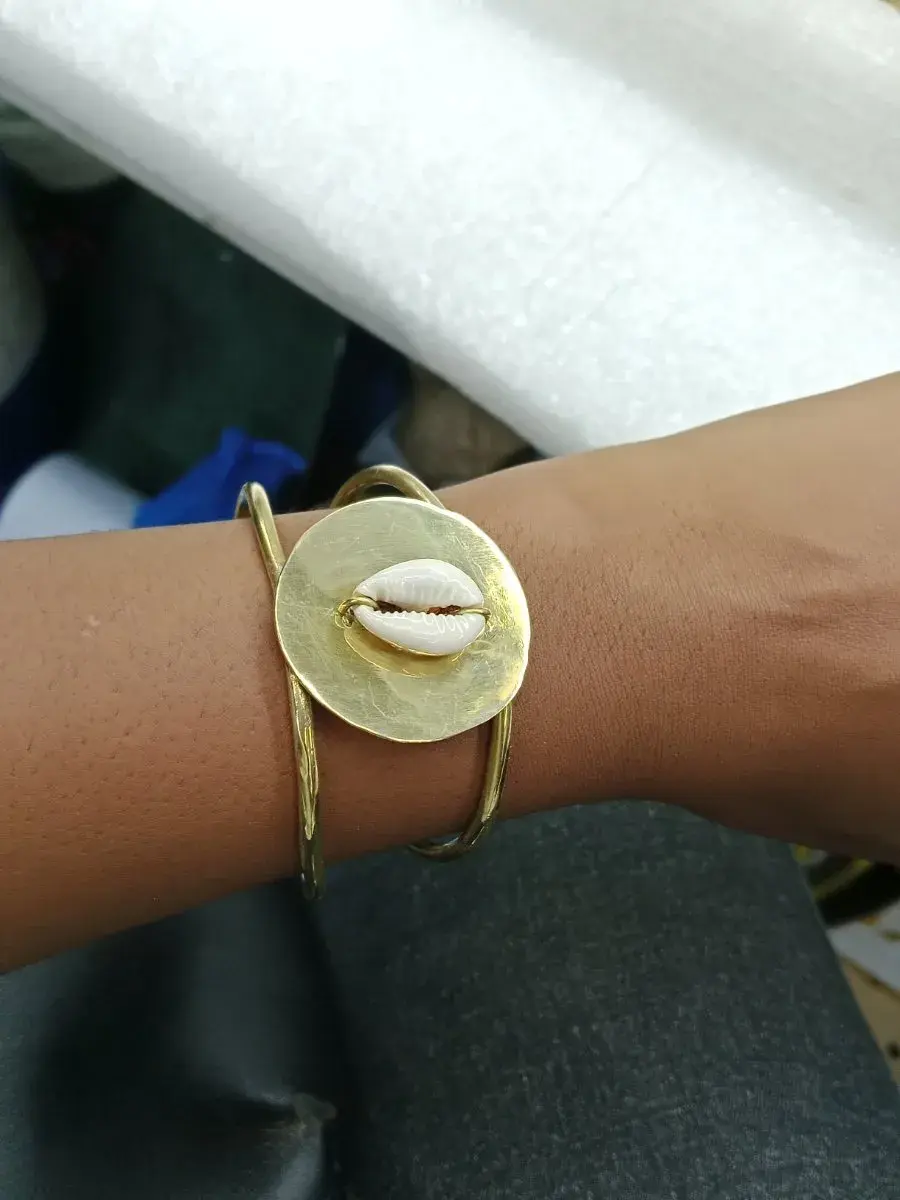 African Brass Cowrie Shell Cuff Bracelet, Adjustable