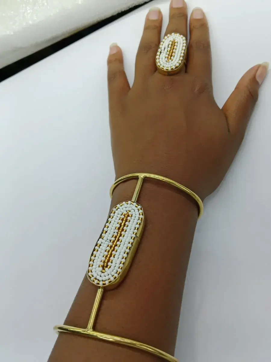 Kenyan Brass Split Cuff and Beaded Medallion Ring Set