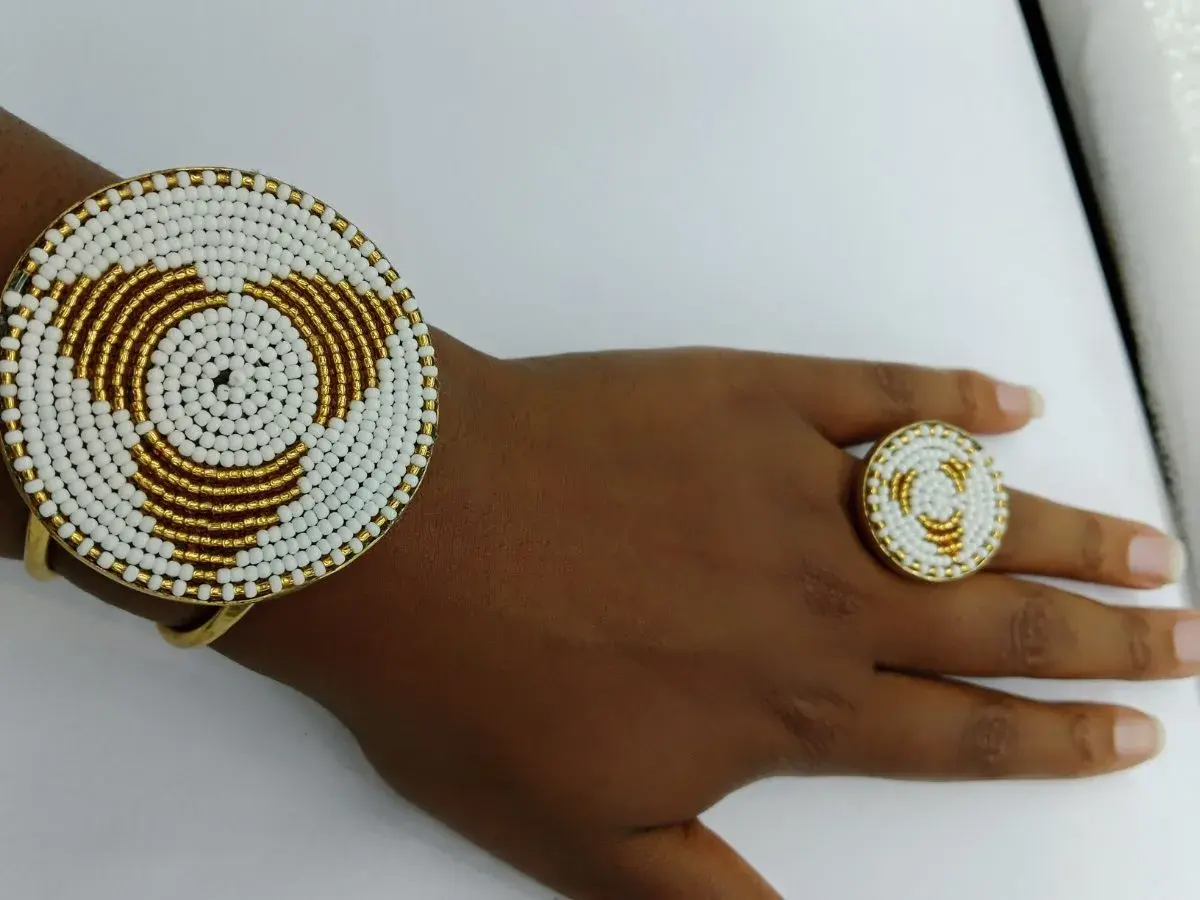 Maasai Beaded Brass Cuff and Ring Set, White and Gold