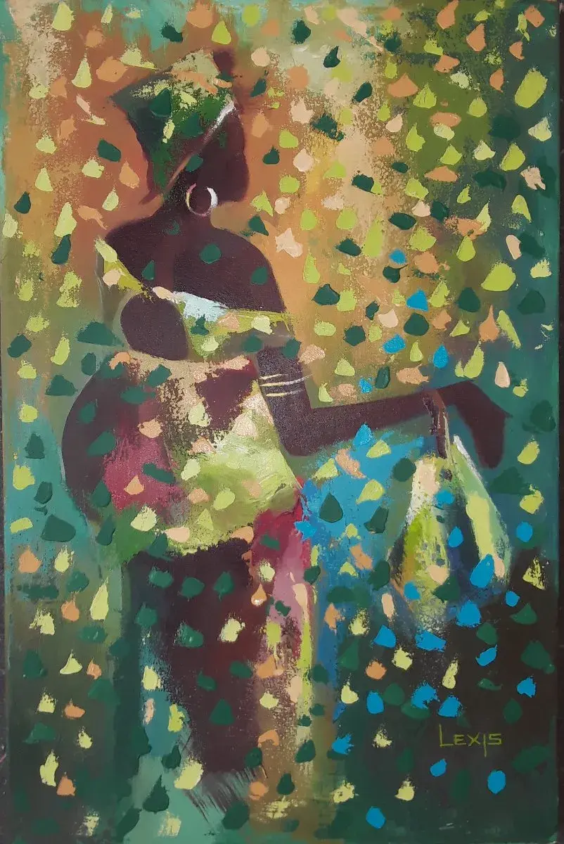 Mother and Child, Green Kaba Painting