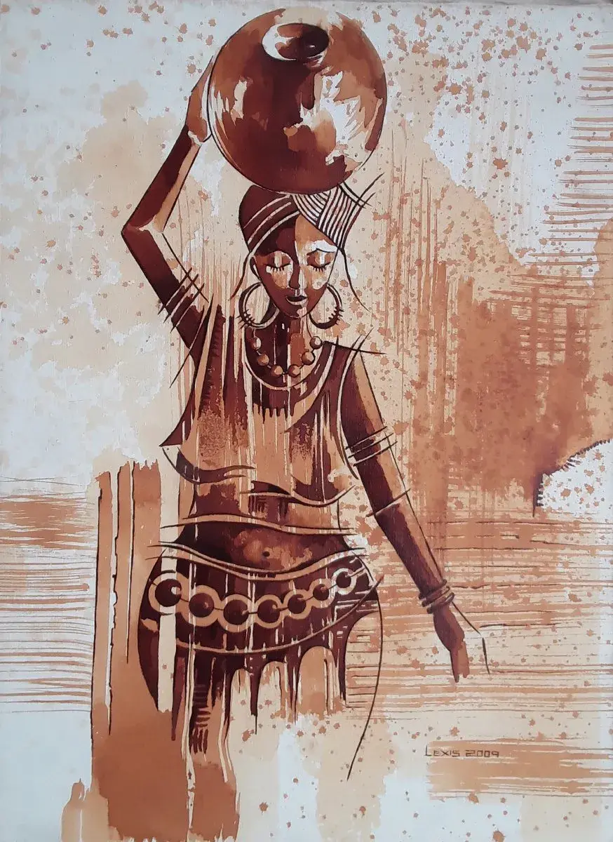 African Woman with Pot, Sepia Painting