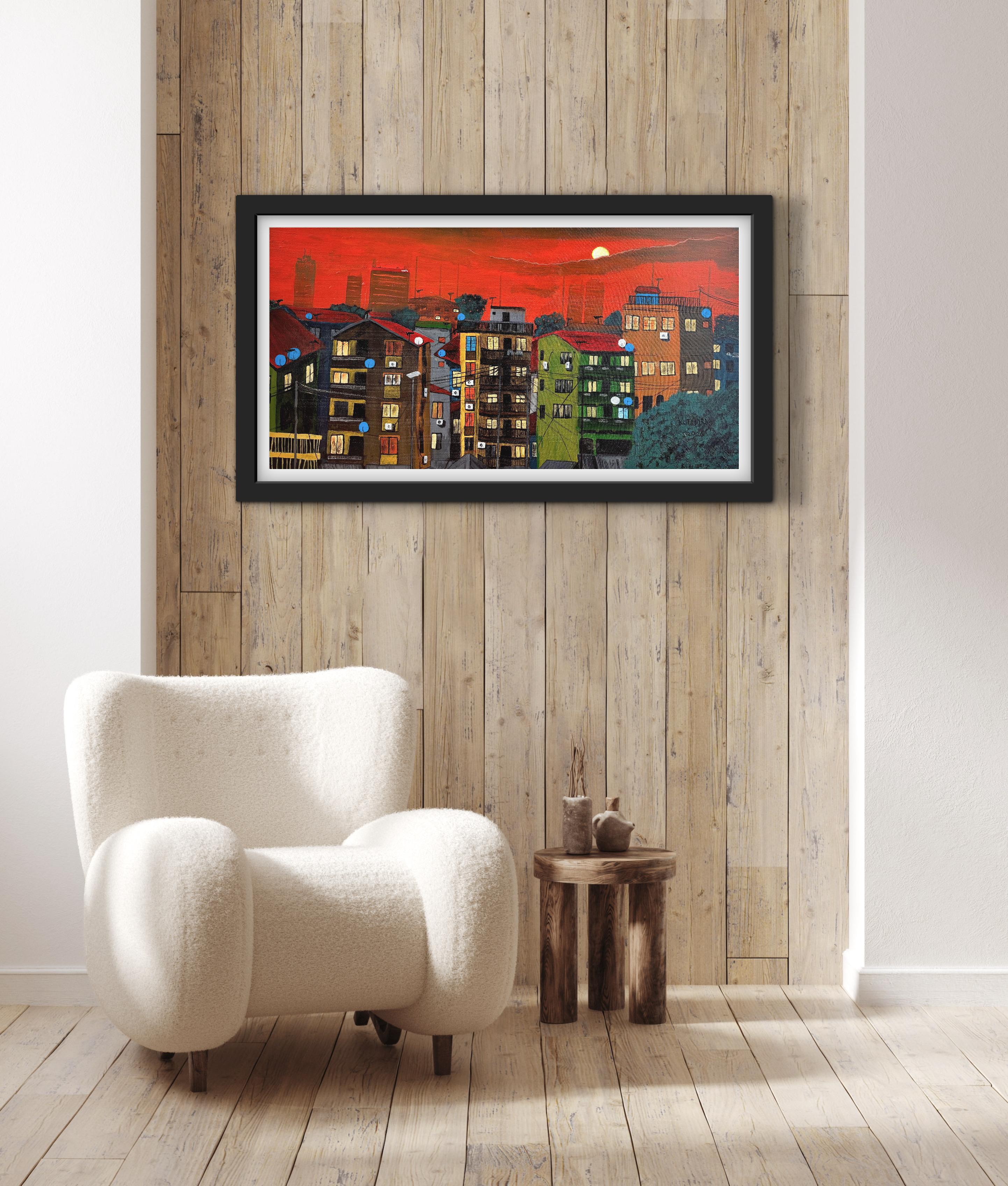 The City in Luminous Sleep II – Original Acrylic Lagos Cityscape Painting | African Contemporary Art
