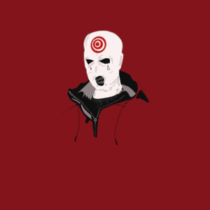 A bold digital drawing showing a masked man's face with a bullseye painted on his forehead. The red background enhances the sense of danger, tension, and focus.